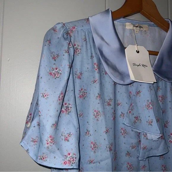 Simple Retro Blue Pink Romantic Bohemian Peter Pan Collar Button Down Top NWT L - Picture 8 of 10